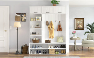 English Elm Vibe Haus Farmhouse Hall Tree with Bench Shoe Storage Cabinet and Four Coat Hooks White N893S000012K
