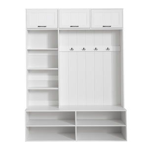 English Elm Vibe Haus Farmhouse Hall Tree with Bench Shoe Storage Cabinet and Four Coat Hooks White N893S000012K