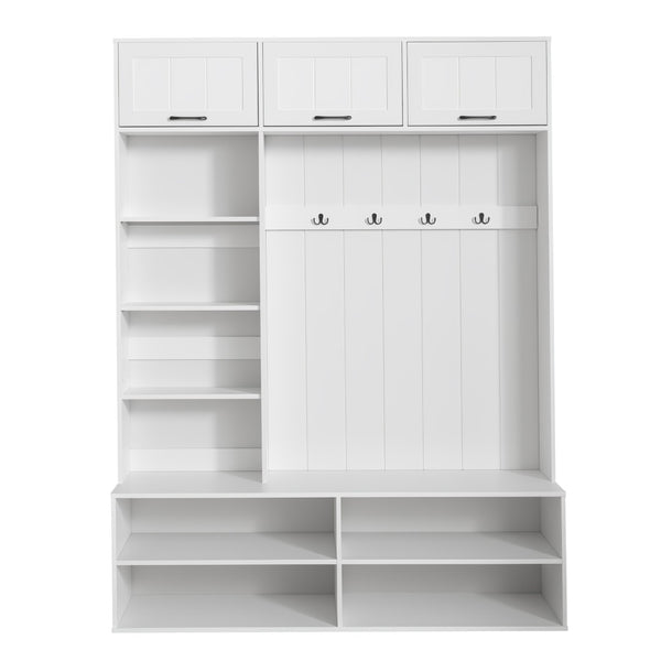 English Elm Vibe Haus Farmhouse Hall Tree with Bench Shoe Storage Cabinet and Four Coat Hooks White N893S000012K