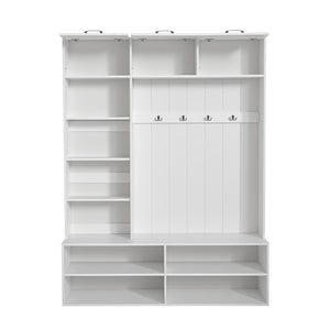 English Elm Vibe Haus Farmhouse Hall Tree with Bench Shoe Storage Cabinet and Four Coat Hooks White N893S000012K