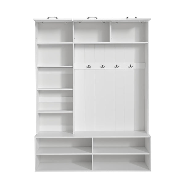 English Elm Vibe Haus Farmhouse Hall Tree with Bench Shoe Storage Cabinet and Four Coat Hooks White N893S000012K