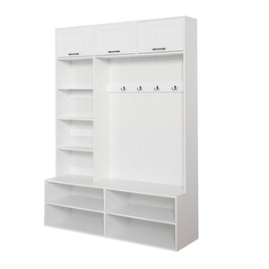 English Elm Vibe Haus Farmhouse Hall Tree with Bench Shoe Storage Cabinet and Four Coat Hooks White N893S000012K