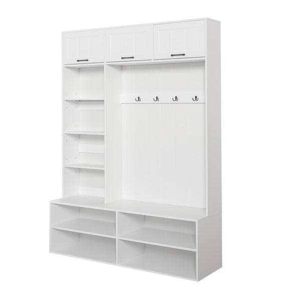 English Elm Vibe Haus Farmhouse Hall Tree with Bench Shoe Storage Cabinet and Four Coat Hooks White N893S000012K