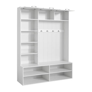 English Elm Vibe Haus Farmhouse Hall Tree with Bench Shoe Storage Cabinet and Four Coat Hooks White N893S000012K