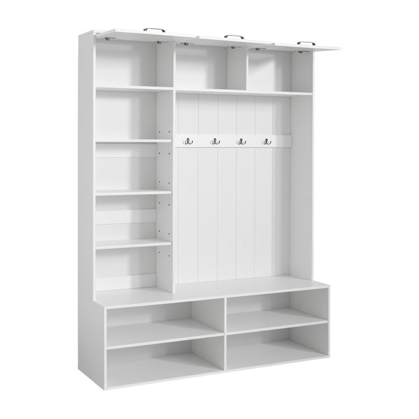 English Elm Vibe Haus Farmhouse Hall Tree with Bench Shoe Storage Cabinet and Four Coat Hooks White N893S000012K