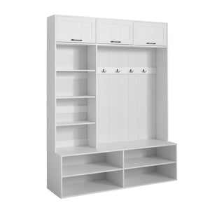 English Elm Vibe Haus Farmhouse Hall Tree with Bench Shoe Storage Cabinet and Four Coat Hooks White N893S000012K