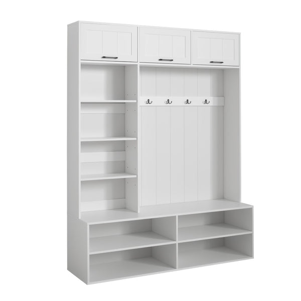 English Elm Vibe Haus Farmhouse Hall Tree with Bench Shoe Storage Cabinet and Four Coat Hooks White N893S000012K