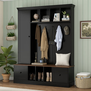 English Elm Vibe Haus Farmhouse Entryway Hall Tree with Bench Cubbies Hooks Cabinet Drawers Black N893S000013B