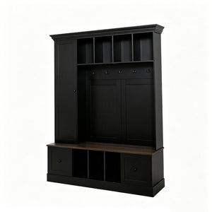 English Elm Vibe Haus Farmhouse Entryway Hall Tree with Bench Cubbies Hooks Cabinet Drawers Black N893S000013B