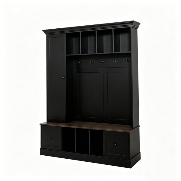 English Elm Vibe Haus Farmhouse Entryway Hall Tree with Bench Cubbies Hooks Cabinet Drawers Black N893S000013B