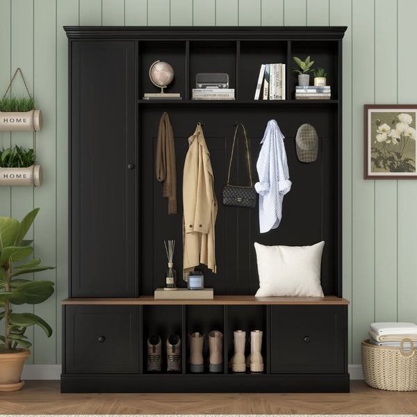 English Elm Vibe Haus Farmhouse Entryway Hall Tree with Bench Cubbies Hooks Cabinet Drawers Black N893S000013B