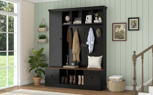 English Elm Vibe Haus Farmhouse Entryway Hall Tree with Bench Cubbies Hooks Cabinet Drawers Black N893S000013B