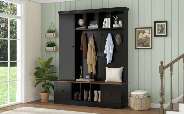 English Elm Vibe Haus Farmhouse Entryway Hall Tree with Bench Cubbies Hooks Cabinet Drawers Black N893S000013B