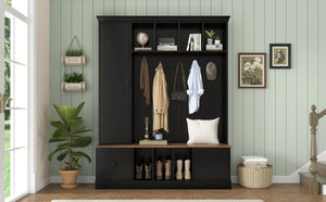 English Elm Vibe Haus Farmhouse Entryway Hall Tree with Bench Cubbies Hooks Cabinet Drawers Black N893S000013B