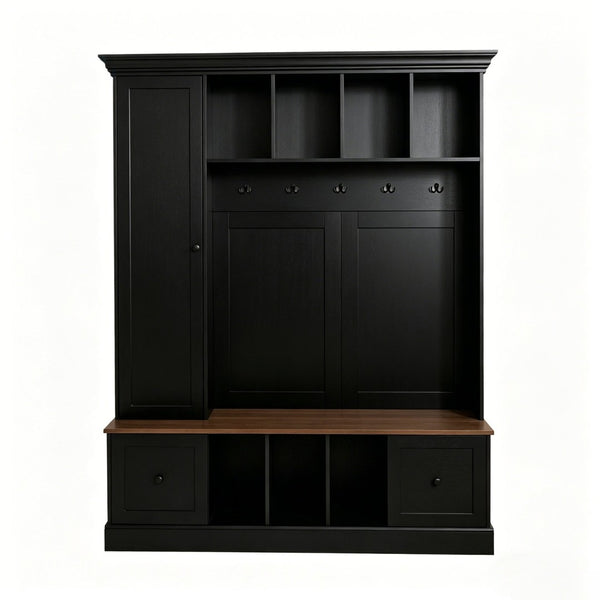 English Elm Vibe Haus Farmhouse Entryway Hall Tree with Bench Cubbies Hooks Cabinet Drawers Black N893S000013B