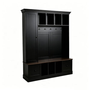 English Elm Vibe Haus Farmhouse Entryway Hall Tree with Bench Cubbies Hooks Cabinet Drawers Black N893S000013B