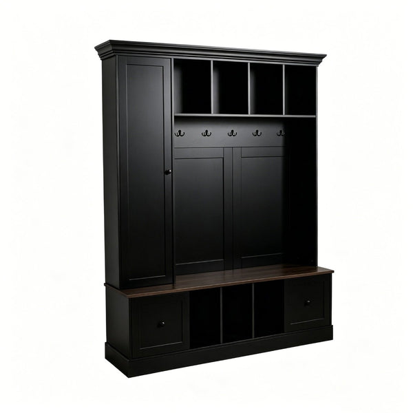English Elm Vibe Haus Farmhouse Entryway Hall Tree with Bench Cubbies Hooks Cabinet Drawers Black N893S000013B