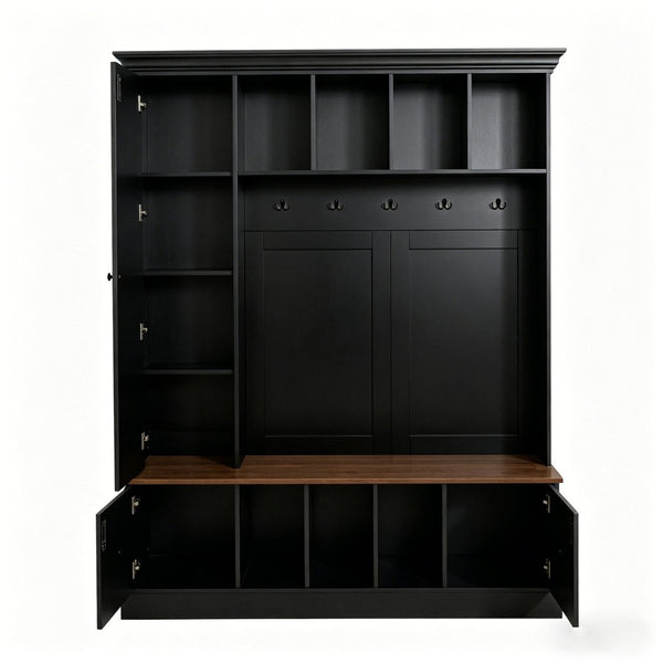English Elm Vibe Haus Farmhouse Entryway Hall Tree with Bench Cubbies Hooks Cabinet Drawers Black N893S000013B