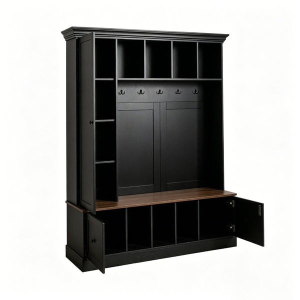 English Elm Vibe Haus Farmhouse Entryway Hall Tree with Bench Cubbies Hooks Cabinet Drawers Black N893S000013B