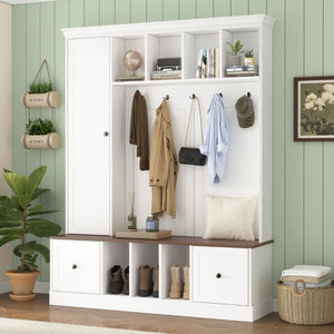 English Elm Vibe Haus Farmhouse Entryway Hall Tree with Bench Cubbies Hooks Cabinet Drawers White N893S000013K