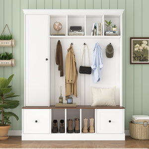 English Elm Vibe Haus Farmhouse Entryway Hall Tree with Bench Cubbies Hooks Cabinet Drawers White N893S000013K