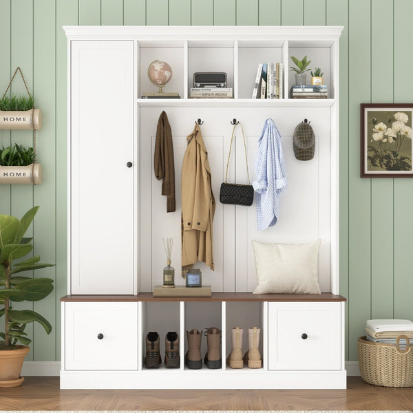 English Elm Vibe Haus Farmhouse Entryway Hall Tree with Bench Cubbies Hooks Cabinet Drawers White N893S000013K