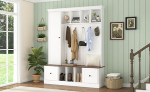 English Elm Vibe Haus Farmhouse Entryway Hall Tree with Bench Cubbies Hooks Cabinet Drawers White N893S000013K