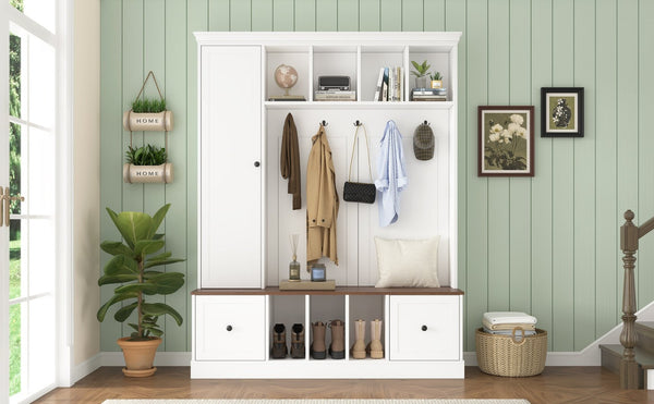 English Elm Vibe Haus Farmhouse Entryway Hall Tree with Bench Cubbies Hooks Cabinet Drawers White N893S000013K