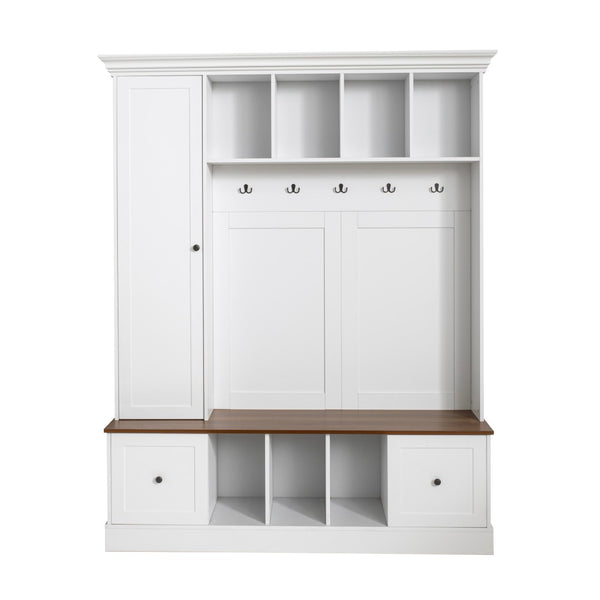 English Elm Vibe Haus Farmhouse Entryway Hall Tree with Bench Cubbies Hooks Cabinet Drawers White N893S000013K