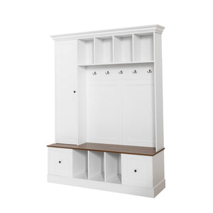 English Elm Vibe Haus Farmhouse Entryway Hall Tree with Bench Cubbies Hooks Cabinet Drawers White N893S000013K