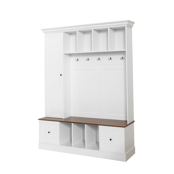English Elm Vibe Haus Farmhouse Entryway Hall Tree with Bench Cubbies Hooks Cabinet Drawers White N893S000013K