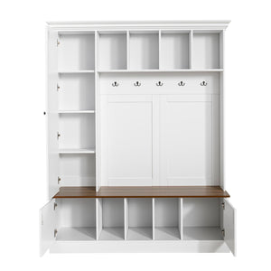 English Elm Vibe Haus Farmhouse Entryway Hall Tree with Bench Cubbies Hooks Cabinet Drawers White N893S000013K