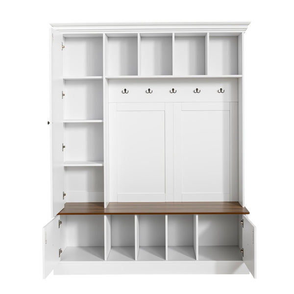 English Elm Vibe Haus Farmhouse Entryway Hall Tree with Bench Cubbies Hooks Cabinet Drawers White N893S000013K