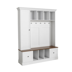 English Elm Vibe Haus Farmhouse Entryway Hall Tree with Bench Cubbies Hooks Cabinet Drawers White N893S000013K