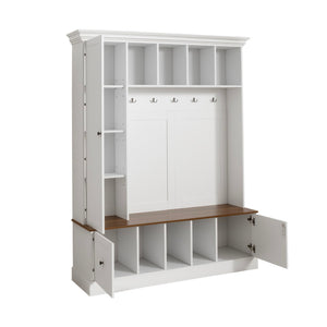 English Elm Vibe Haus Farmhouse Entryway Hall Tree with Bench Cubbies Hooks Cabinet Drawers White N893S000013K