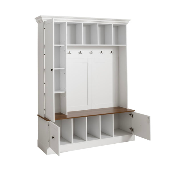 English Elm Vibe Haus Farmhouse Entryway Hall Tree with Bench Cubbies Hooks Cabinet Drawers White N893S000013K