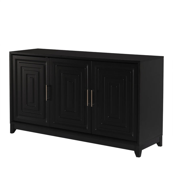 English Elm Vibe Haus Media Console with Geometric Doors Solid Pine Legs Fits Tvs up to 65 In Black N893S000014B