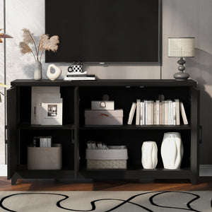 English Elm Vibe Haus Media Console with Geometric Doors Solid Pine Legs Fits Tvs up to 65 In Black N893S000014B