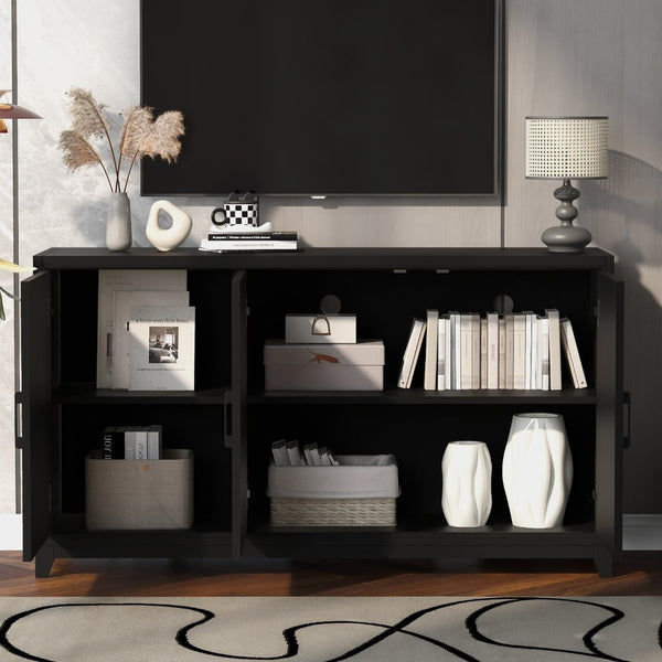 English Elm Vibe Haus Media Console with Geometric Doors Solid Pine Legs Fits Tvs up to 65 In Black N893S000014B
