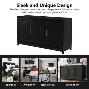 English Elm Vibe Haus Media Console with Geometric Doors Solid Pine Legs Fits Tvs up to 65 In Black N893S000014B