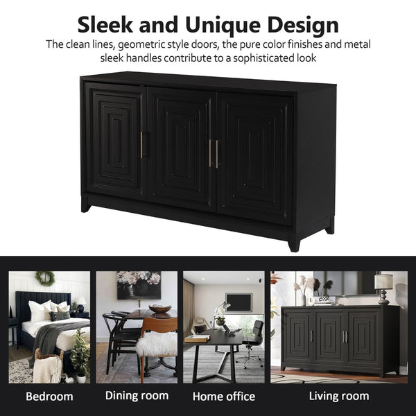 English Elm Vibe Haus Media Console with Geometric Doors Solid Pine Legs Fits Tvs up to 65 In Black N893S000014B