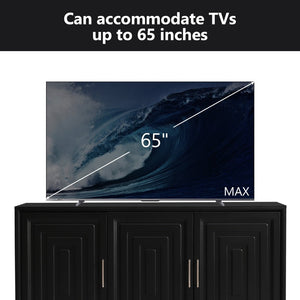 English Elm Vibe Haus Media Console with Geometric Doors Solid Pine Legs Fits Tvs up to 65 In Black N893S000014B