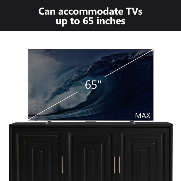 English Elm Vibe Haus Media Console with Geometric Doors Solid Pine Legs Fits Tvs up to 65 In Black N893S000014B