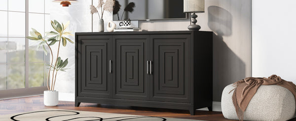 English Elm Vibe Haus Media Console with Geometric Doors Solid Pine Legs Fits Tvs up to 65 In Black N893S000014B