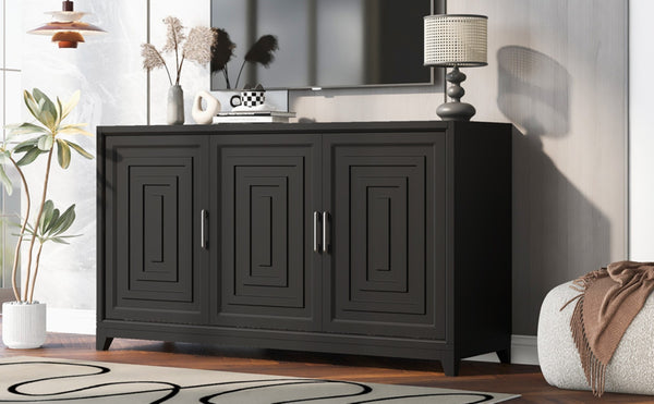 English Elm Vibe Haus Media Console with Geometric Doors Solid Pine Legs Fits Tvs up to 65 In Black N893S000014B