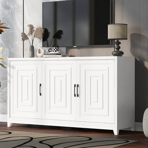 English Elm Vibe Haus Media Console with Geometric Doors Solid Pine Legs Fits Tvs up to 65 In White N893S000014K