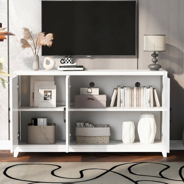 English Elm Vibe Haus Media Console with Geometric Doors Solid Pine Legs Fits Tvs up to 65 In White N893S000014K