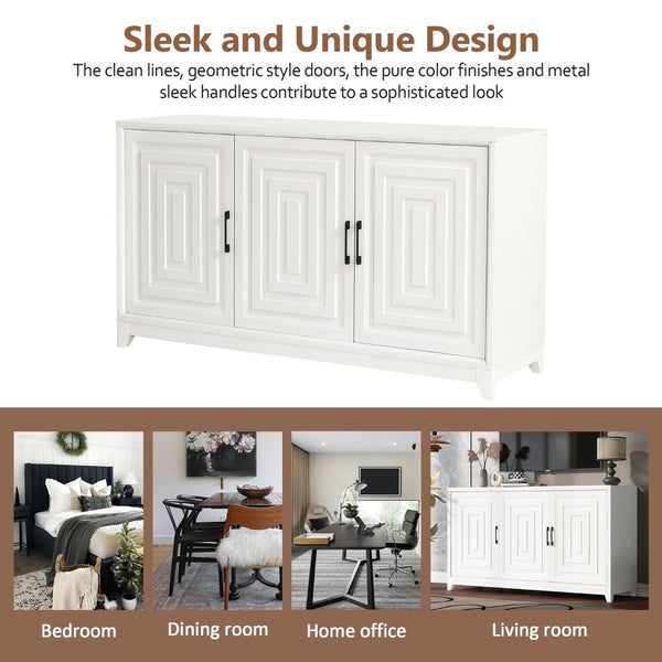 English Elm Vibe Haus Media Console with Geometric Doors Solid Pine Legs Fits Tvs up to 65 In White N893S000014K