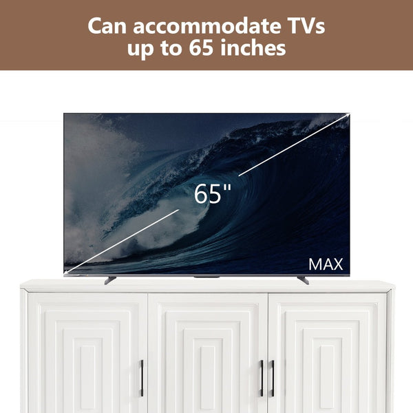 English Elm Vibe Haus Media Console with Geometric Doors Solid Pine Legs Fits Tvs up to 65 In White N893S000014K