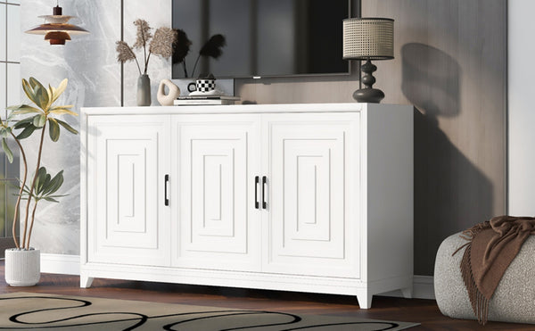 English Elm Vibe Haus Media Console with Geometric Doors Solid Pine Legs Fits Tvs up to 65 In White N893S000014K
